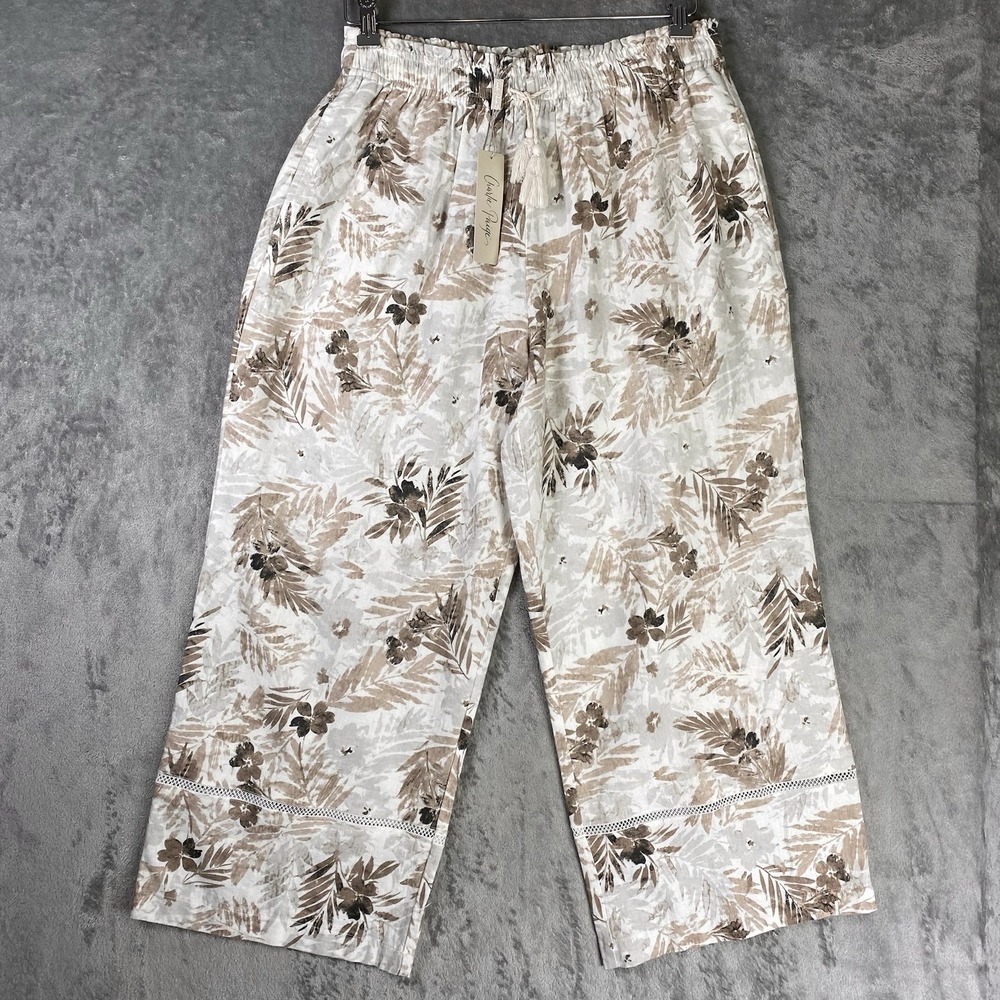 Charlie Paige Pants Womens Sz M Beige Floral Linen Drawstring Cropped Tassel NWT